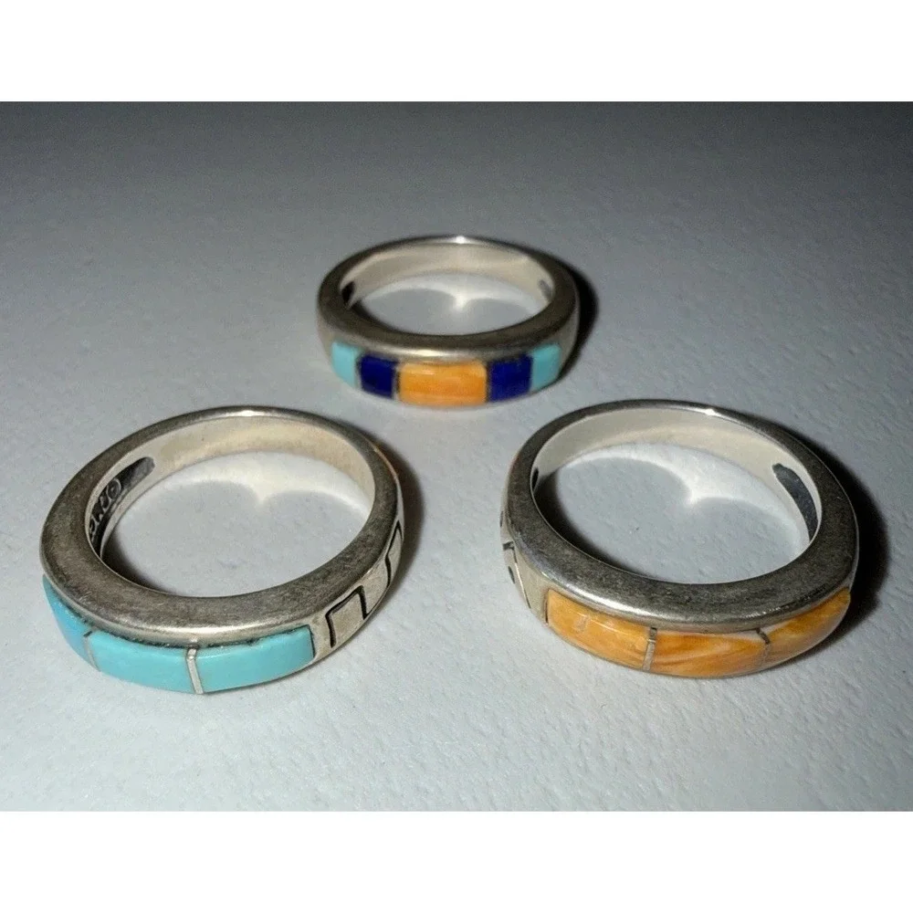 VTG Carolyn Pollack Sterling Multigem Inlay Stack Ring Set 3 Sz 4.75 (read) 10gr